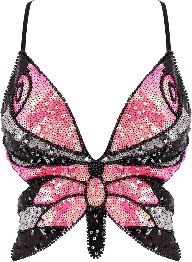 Mocure Womens Glitter Sequin Butterfly Crop Top Low-Cut Tank Top Rave Tube Vest Top for Belly Dance Costume Outfits - Image 1